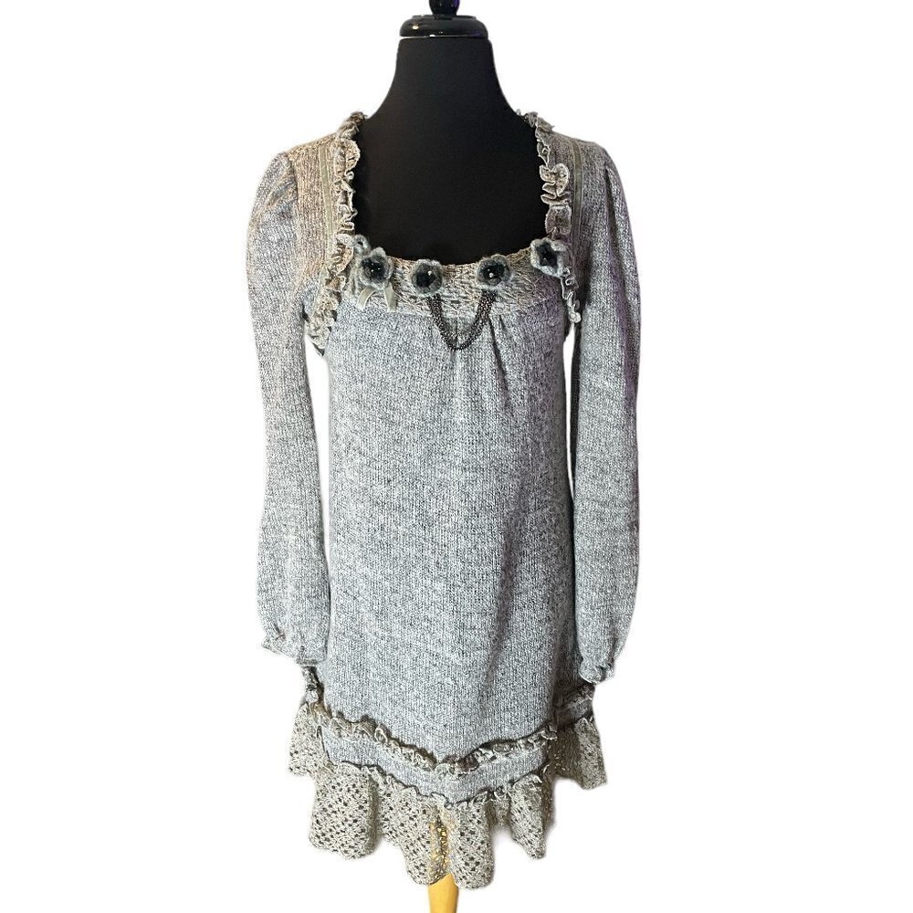 Forla grey long-sleeved Women's mini dress with a square neckline & ruffled trim - Picture 3 of 12